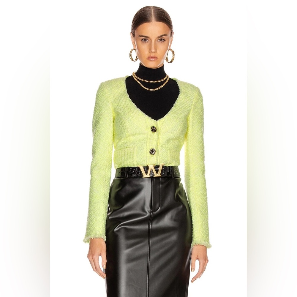 Alexander Wang Bias Tweed Cropped Cardigan Jacket – Highlighter Yellow - 0 - NWT